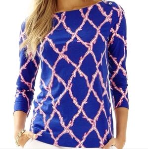 NWT Sz L Lilly Pulitzer Alida Top Santotini Blue Deep Dive Tunic Blouse Boatneck